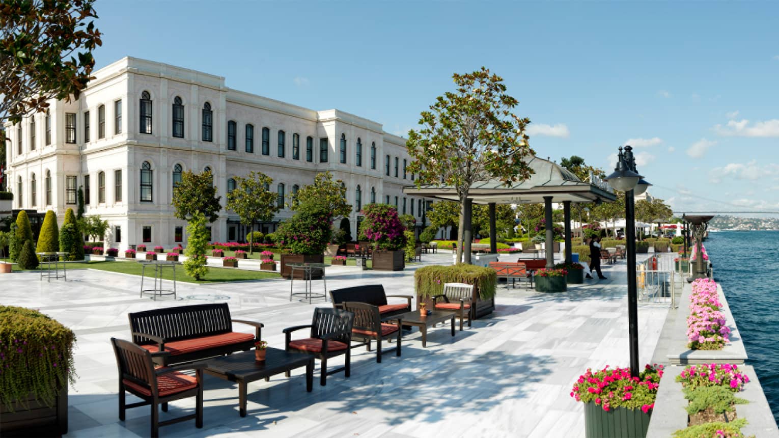 Waterfront stone walkway in front of Istanbul at the Bosphorus hotel by the sea
